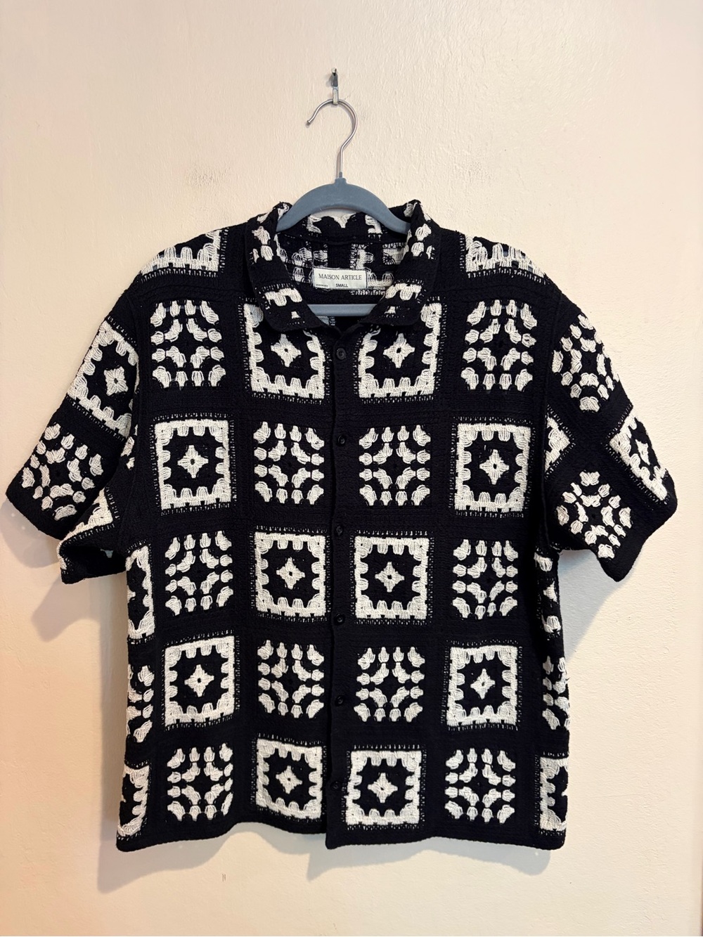 Maison Article Black & White Crochet Men’s Button Up Shirt, Chunky Beachy